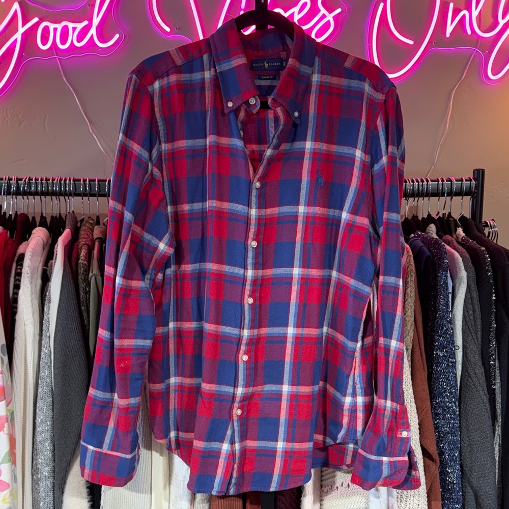 Ralph Lauren Vibrant Red and Blue Plaid Lightweight Flannel Top NWOT